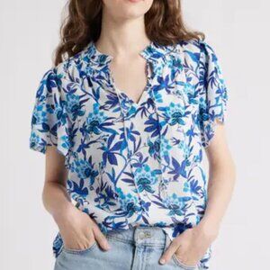 Caslon Blue Floral Ruffle Tie Neck Top Large Boho Blouse NWOT